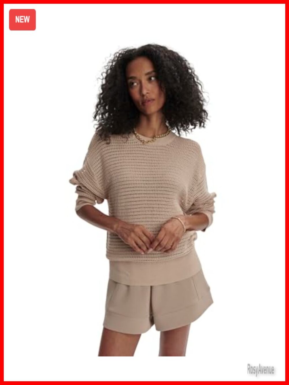 Lightweight Open Knit Sweatshirt Relaxed Pullover Crew Neck